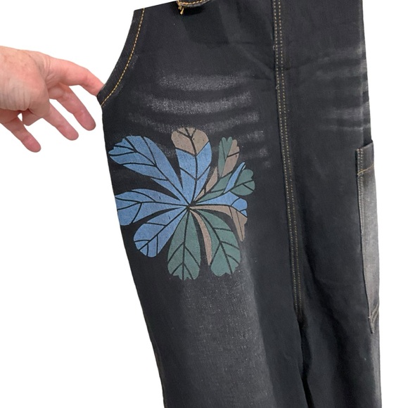 OMYCHIC Flower Club Loose Relaxed Fit Black Denim Overalls Pockets - Picture 7 of 13